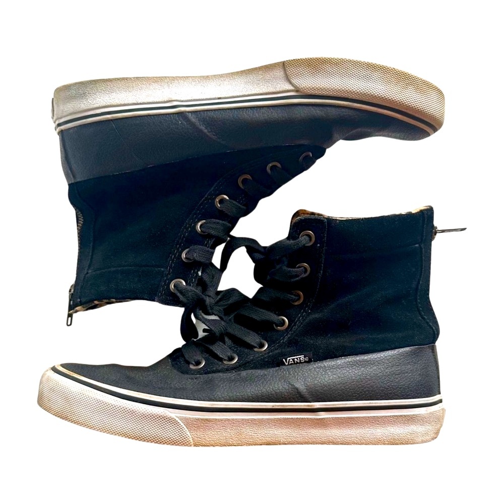 VANS Black Canvas Leather High Top Sneakers Side Zip Streetwear Womens Size 7.0